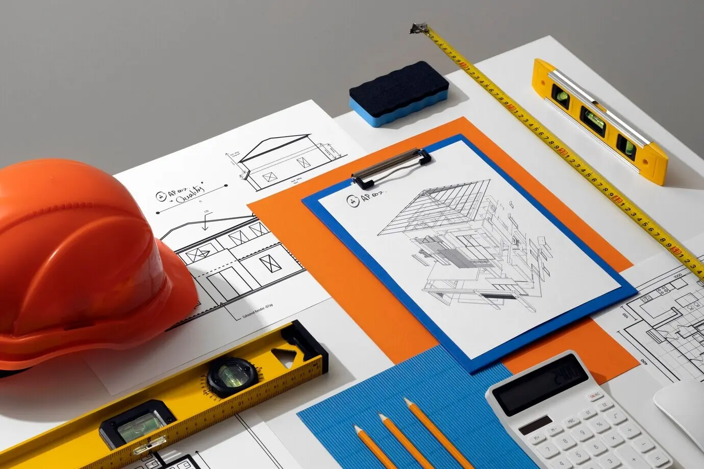 Stillleben aus hoher Perspektive mit Messwerkzeugen auf einem Schreibtisch